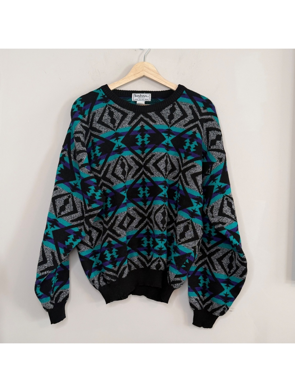 Vintage Santana Southwestern Geometric Sweater Teal Purple Black 90s